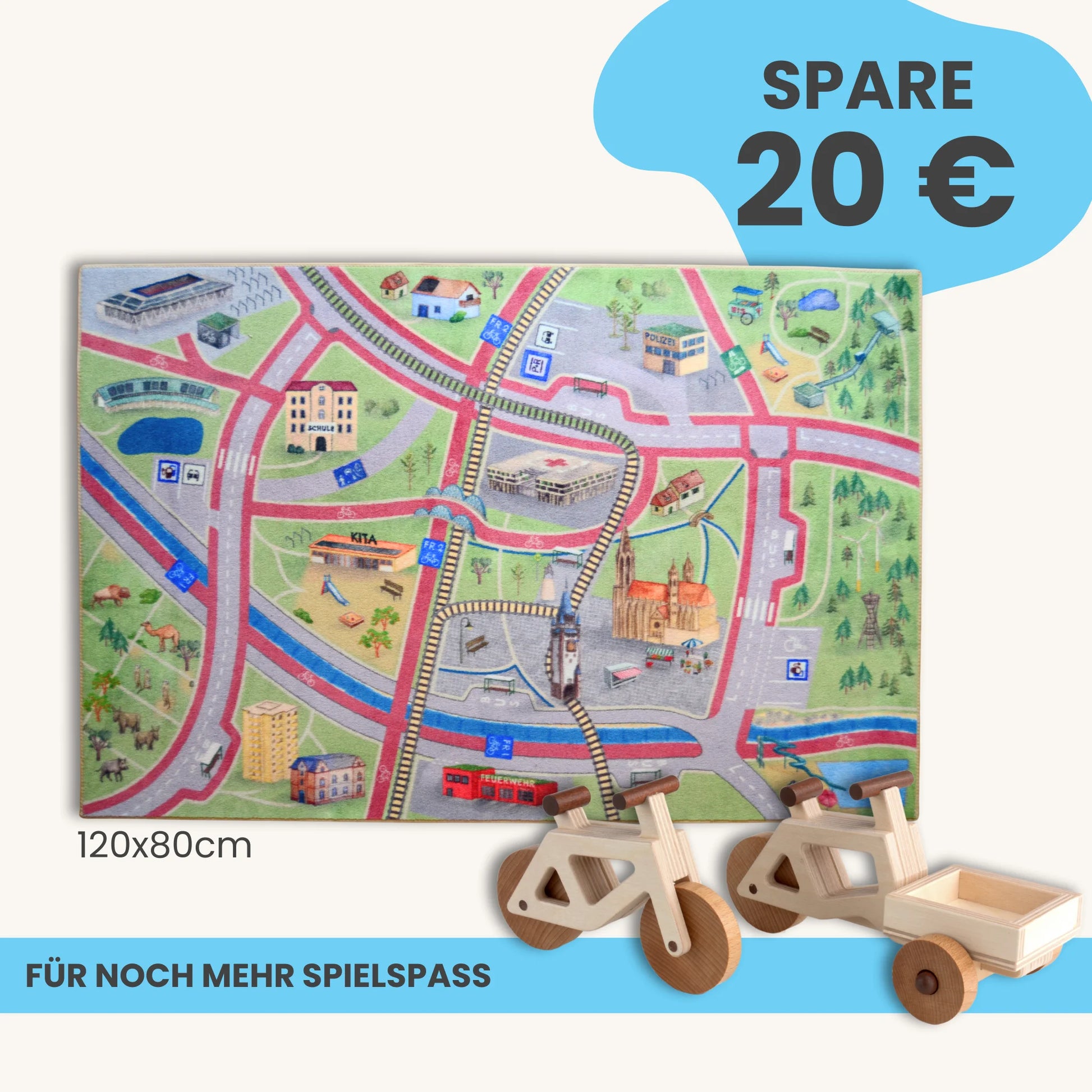 Spielteppich Freiburg 120x80cm im Starter-Set mit Holzwagen für Kinder