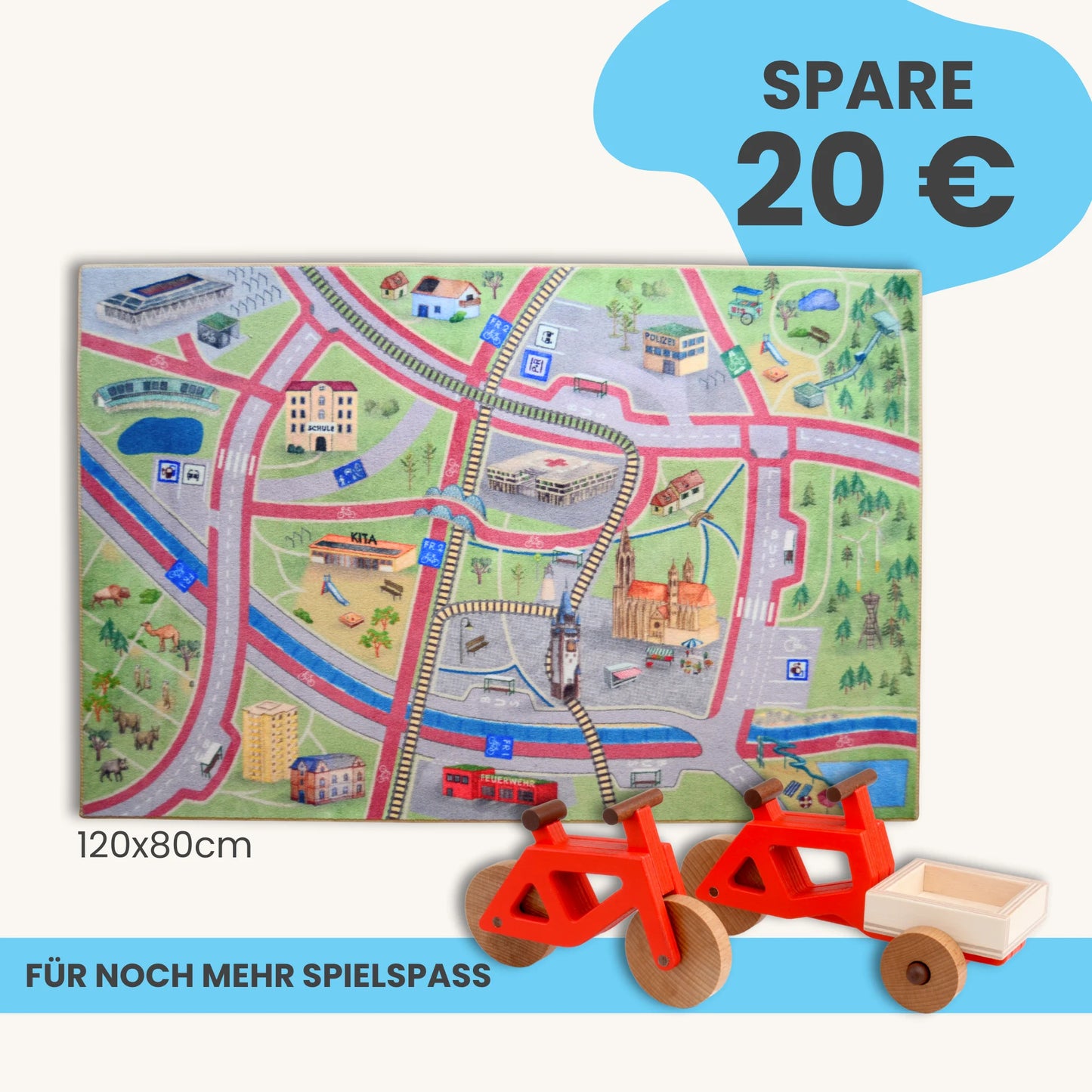 Spielteppich Freiburg 120x80cm mit Spielzeugfahrrädern im Starter-Set für mehr Spielspaß.