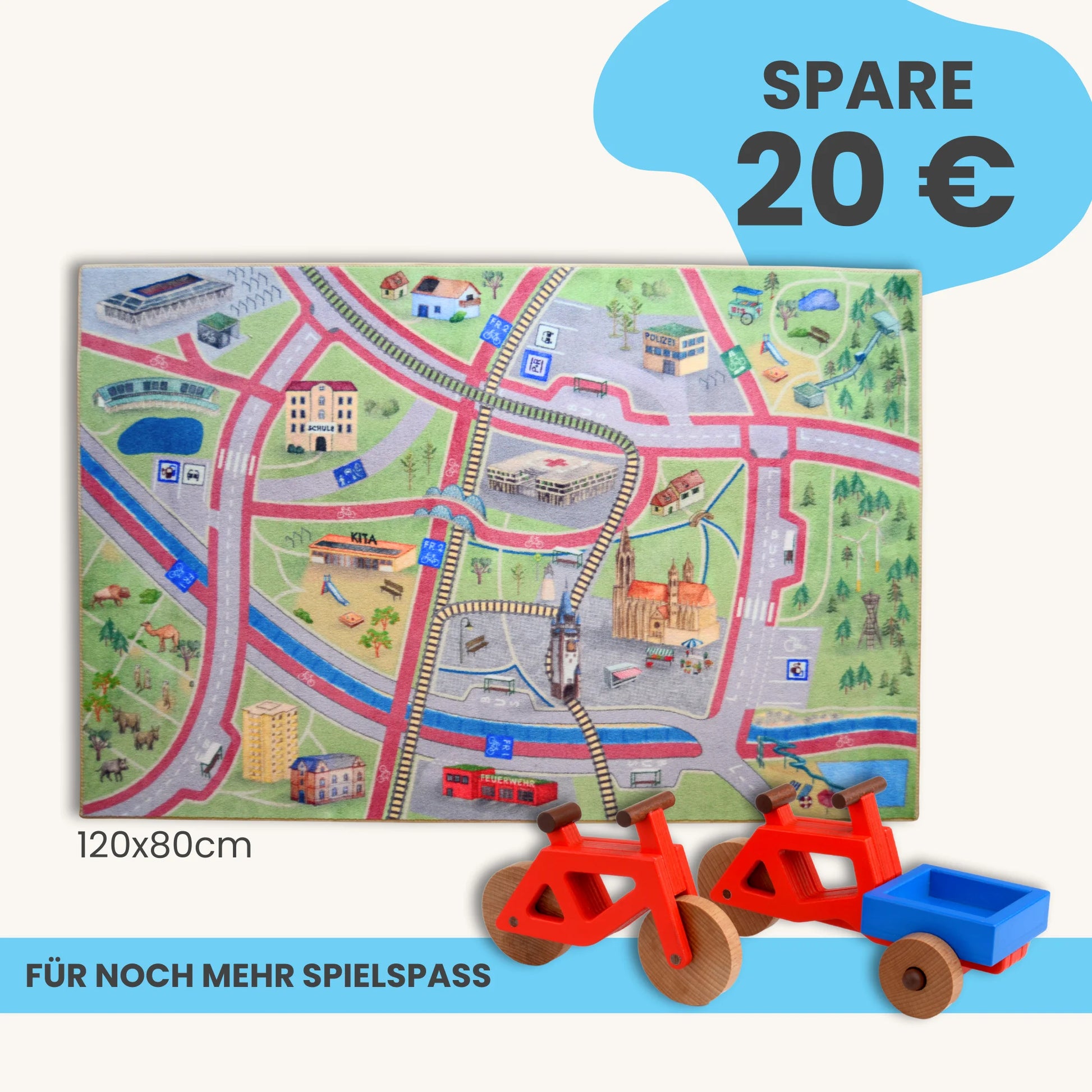 Spielteppich Freiburg 120x80cm im Starter-Set mit Spielzeugen für kreativen Spielspaß.