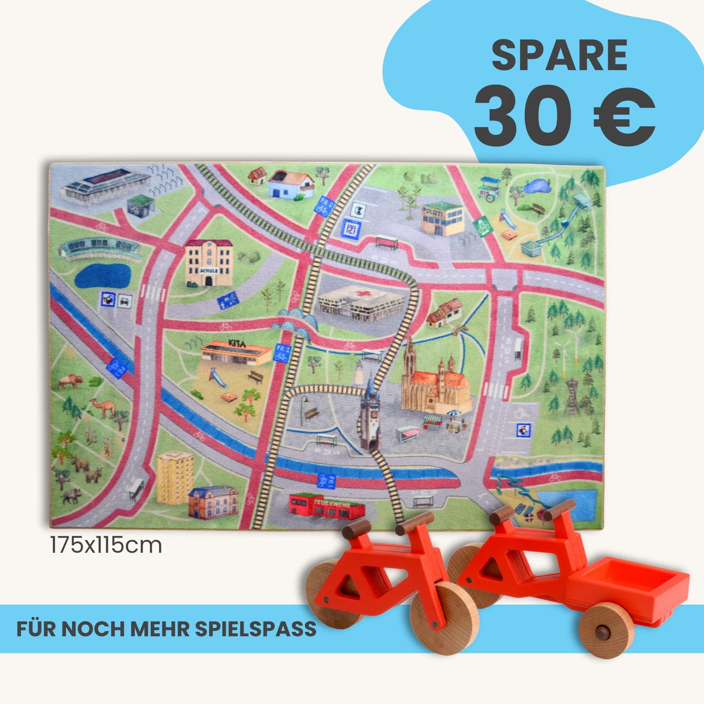 Spielteppich Freiburg 175x115cm mit Stadtmotiven und Spielzeugfahrrädern für kreatives Spielen