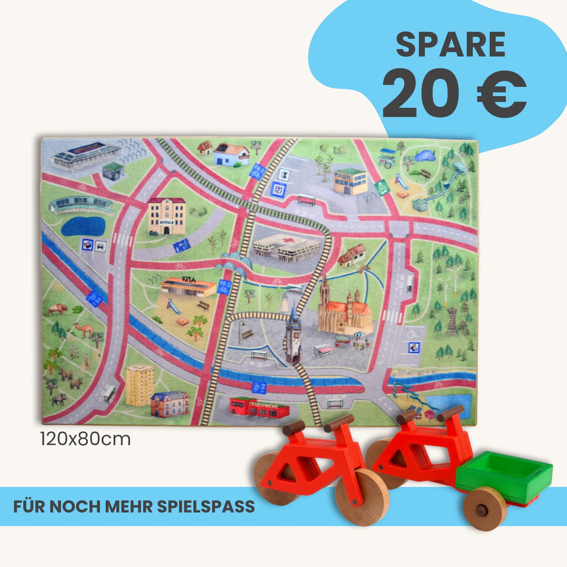 Spielteppich Freiburg 120x80cm im Starter-Set mit Spielzeugfahrrädern für Kinder.