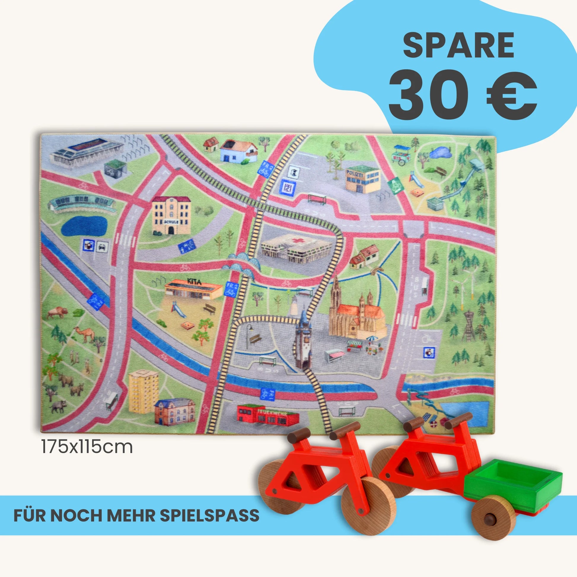 Spielteppich Freiburg 175x115cm im Starter-Set mit bunten Stadtmotiven für kreatives Spielen.