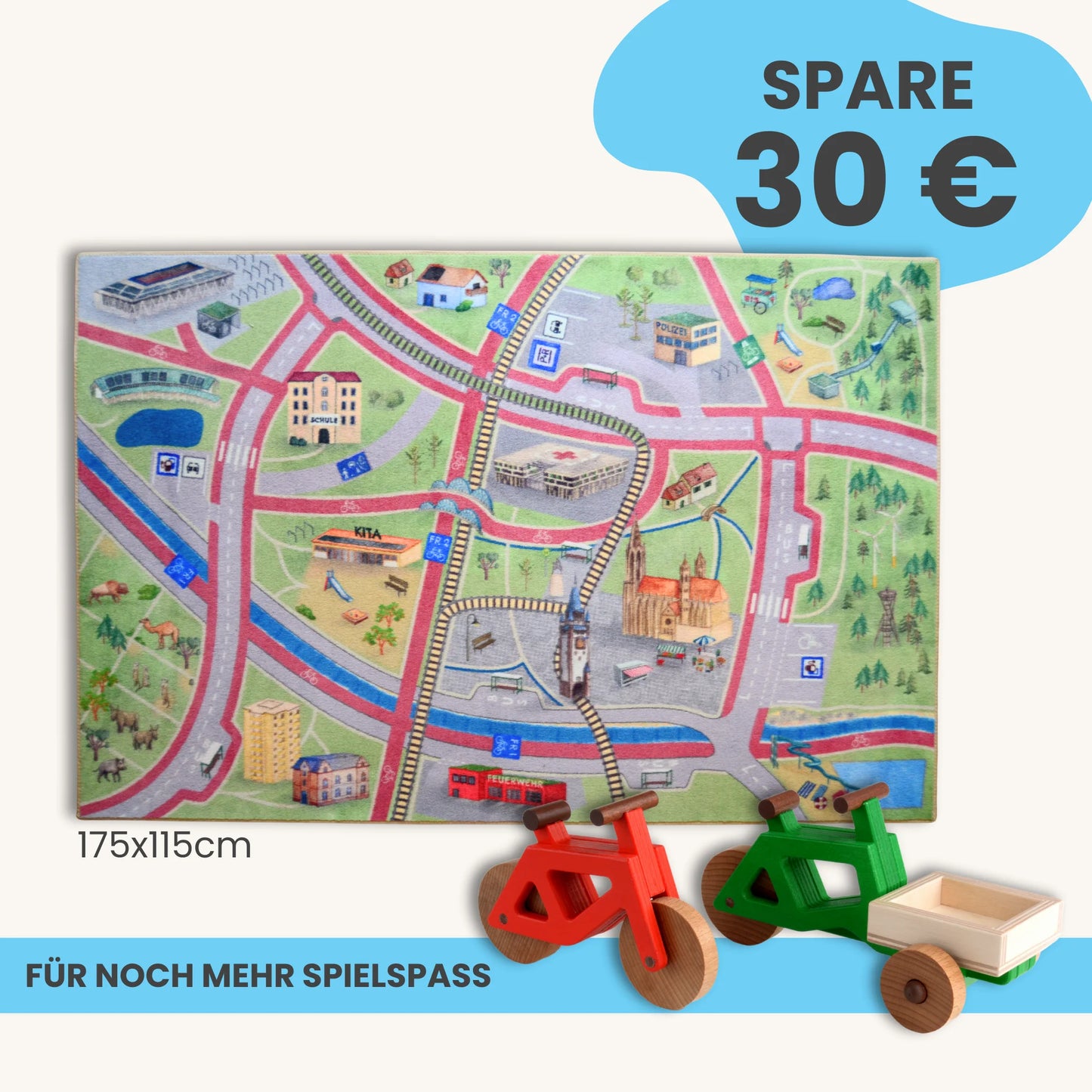 Spielteppich Freiburg 175x115cm mit Spielzeugen für kreatives Spielen im Kinderzimmer.