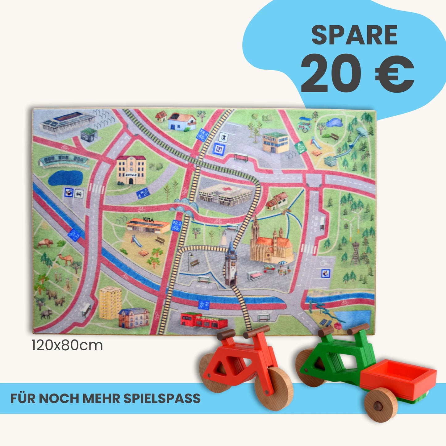 Spielteppich Freiburg 120x80cm im Starter-Set mit Spielzeugfahrrädern und Landschaftsdesign.