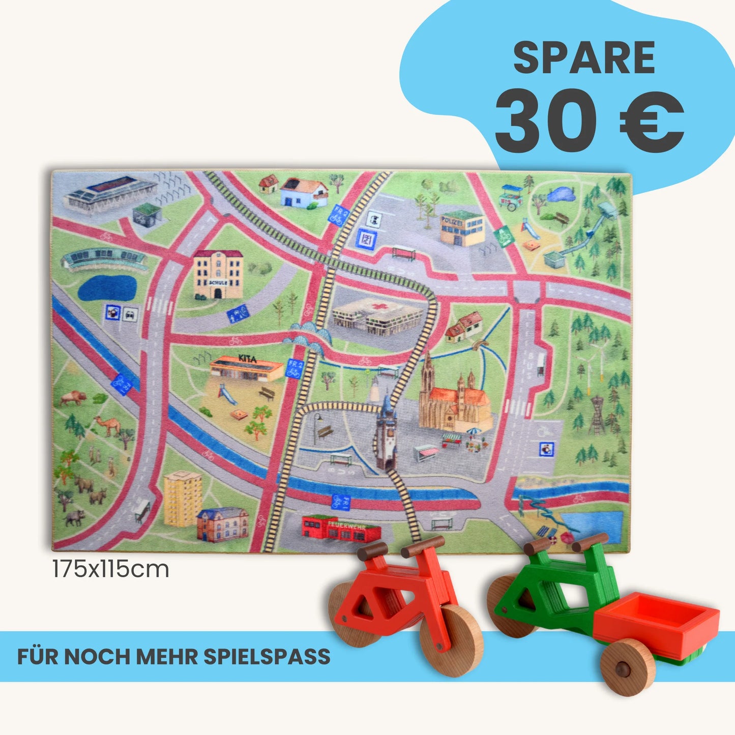 Spielteppich Freiburg 175x115cm im Starter-Set mit bunten Stadtmotiven und Spielzeugfahrrädern für Kinder.