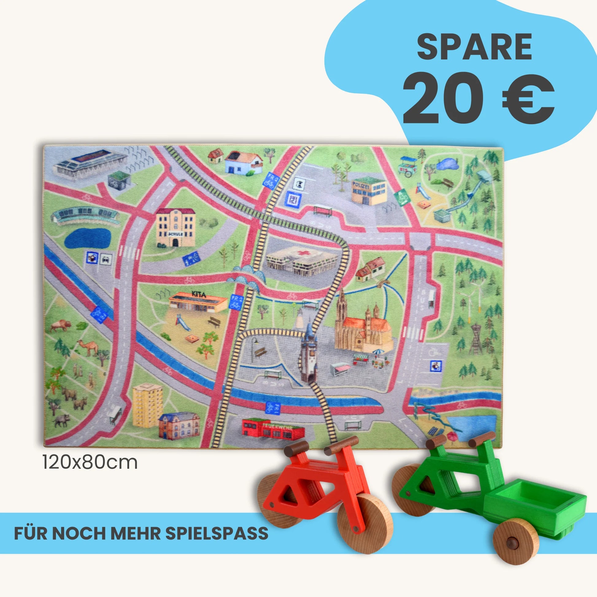 Spielteppich Freiburg 120x80cm im Starter-Set mit bunten Fahrzeugen für kreativen Spielspaß.