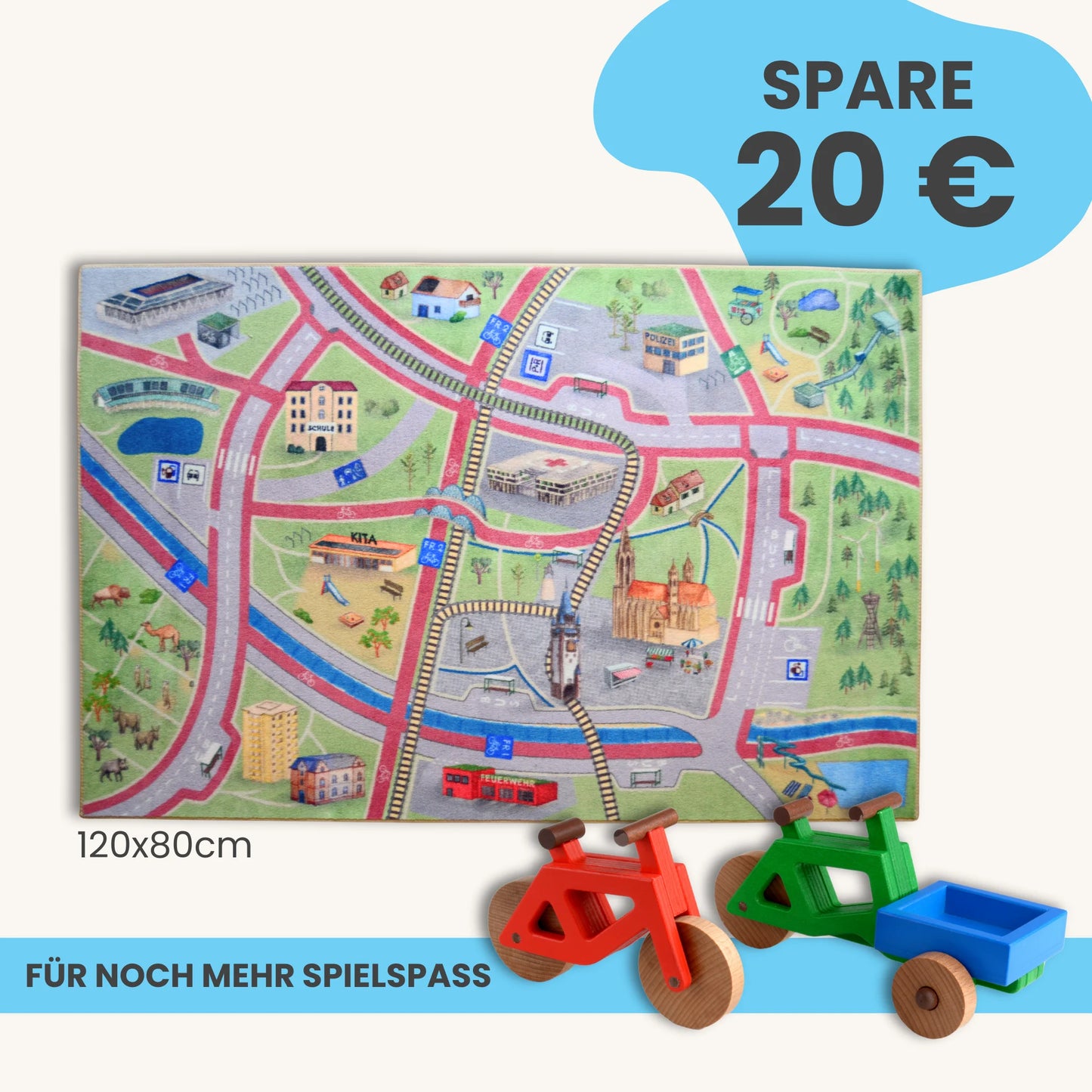 Spielteppich Freiburg 120x80cm im Starter-Set mit buntem Straßendesign und Holzspielzeug.
