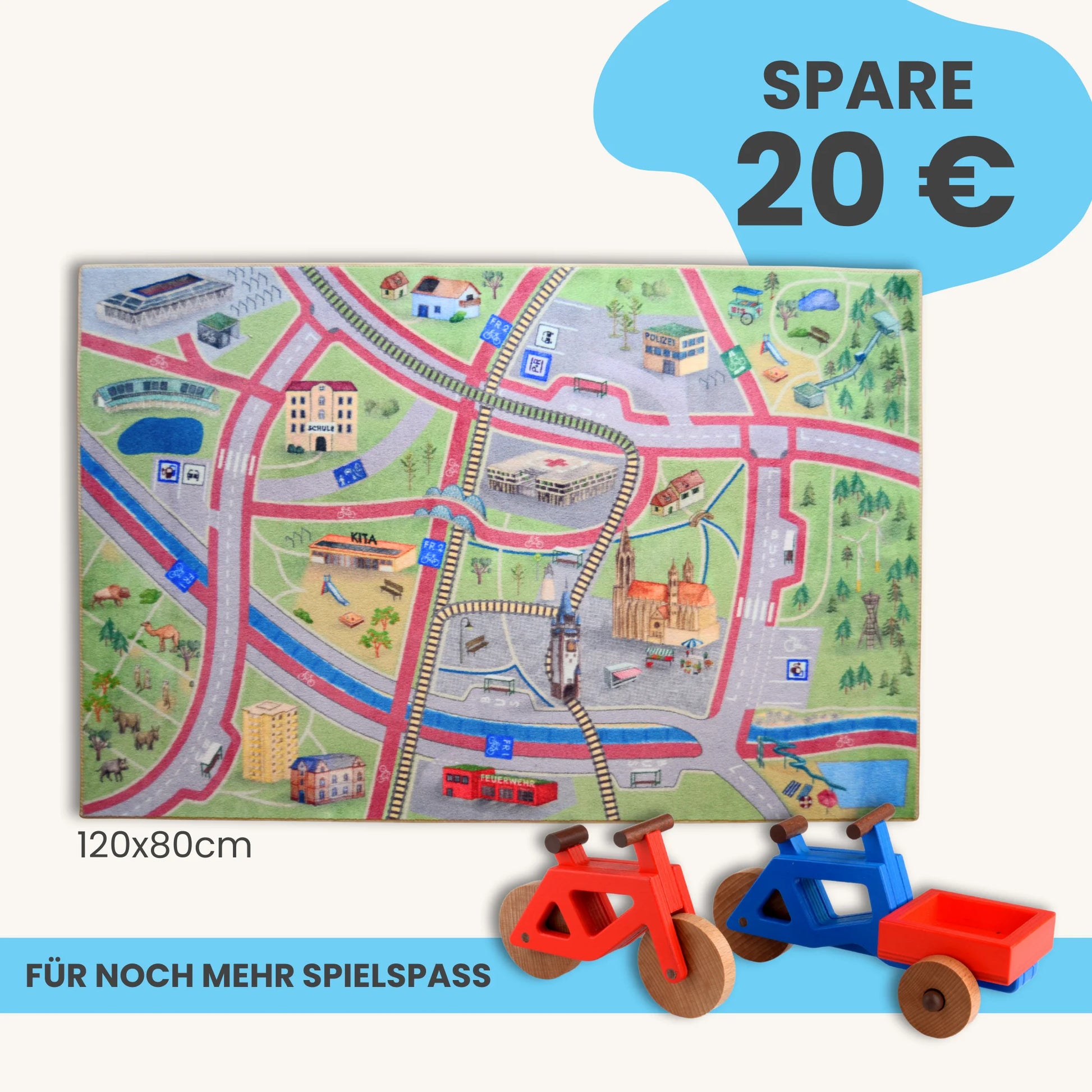 Spielteppich Freiburg 120x80cm im Starter-Set mit bunten Spielzeugfahrrädern und einer lebhaften Stadtkarte