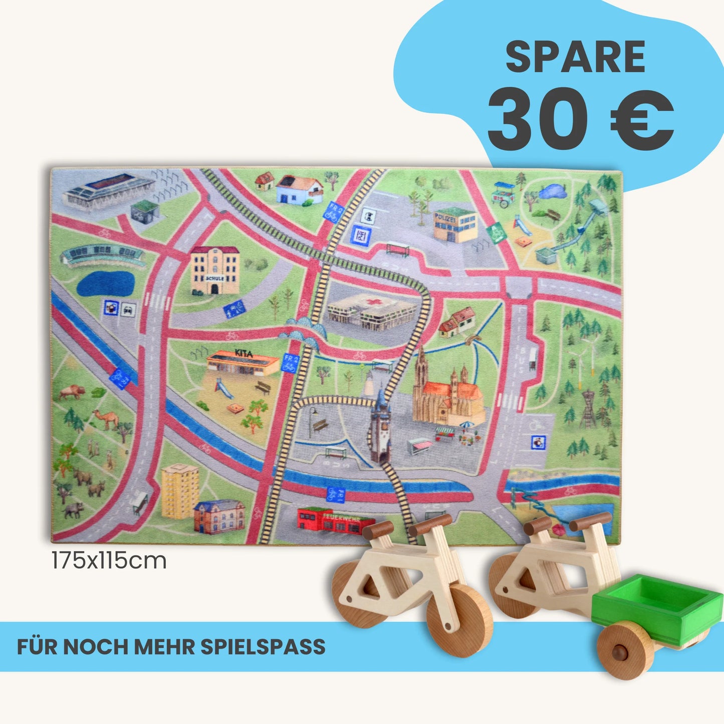 Spielteppich Freiburg 175x115cm im Starter-Set mit bunten Stadtmotiven und Holzspielzeug.