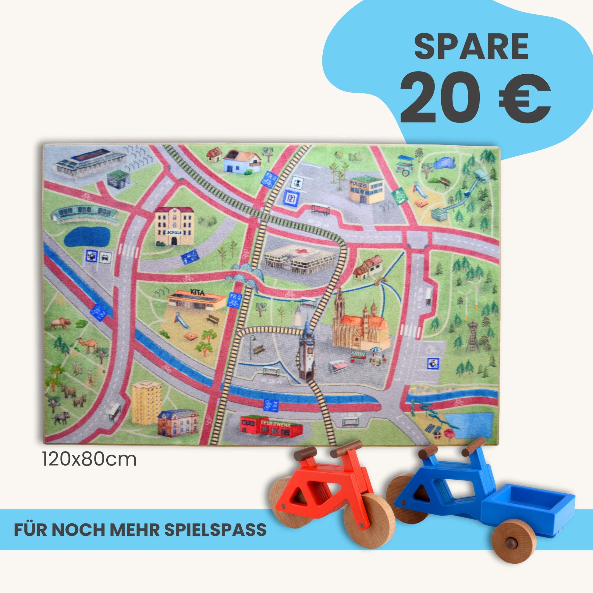 Spielteppich Freiburg 120x80cm im Starter-Set mit Spielzeugfahrrädern für mehr Spielspaß
