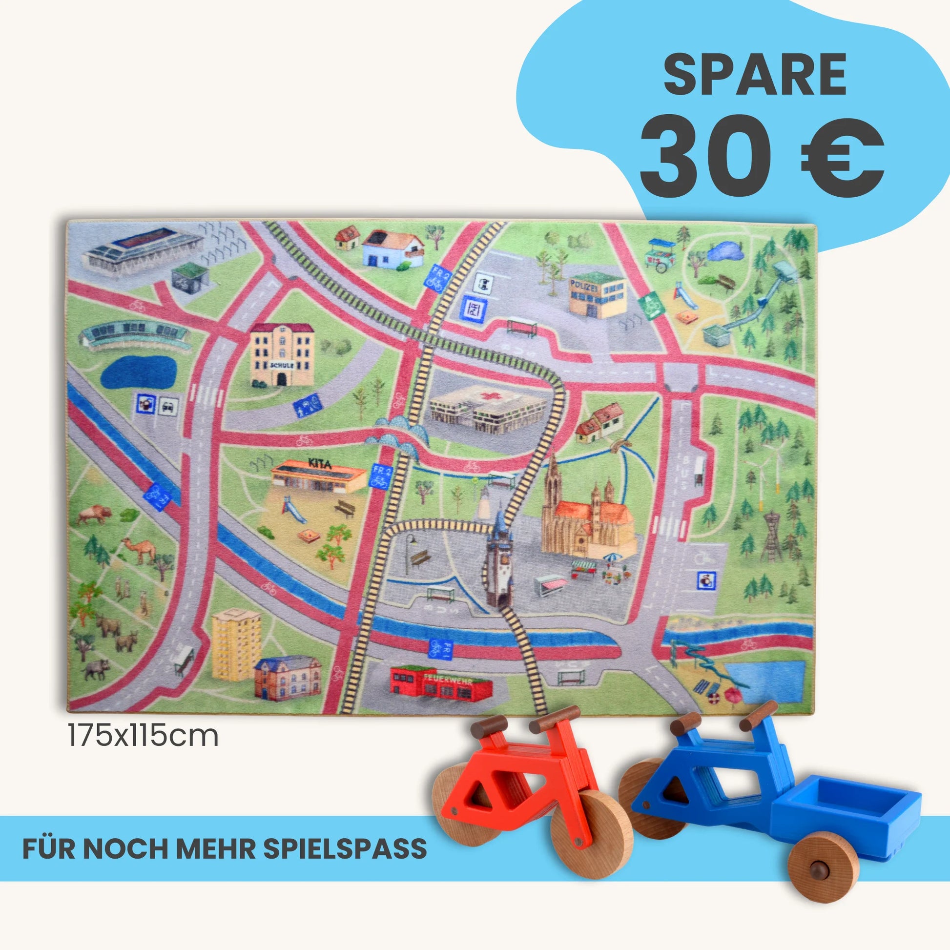 Spielteppich Freiburg 175x115cm im Starter-Set mit Stadtmotiven und Spielzeugen für kreative Abenteuer.