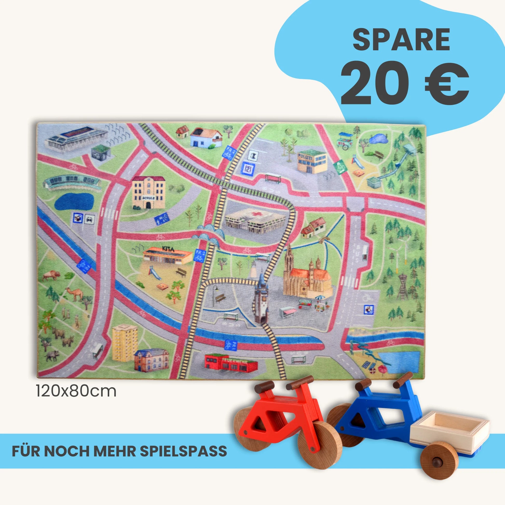 Spielteppich Freiburg 120x80cm im Starter-Set mit buntem Straßendesign und Spielzeugfahrrädern.