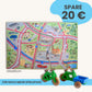 Spielteppich Freiburg 120x80cm im Starter-Set mit Spielzeugen und Straßenmotiv.