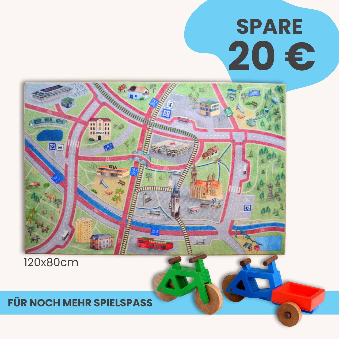 Spielteppich Freiburg 120x80cm im Starter-Set mit bunten Spielzeugfahrzeugen.