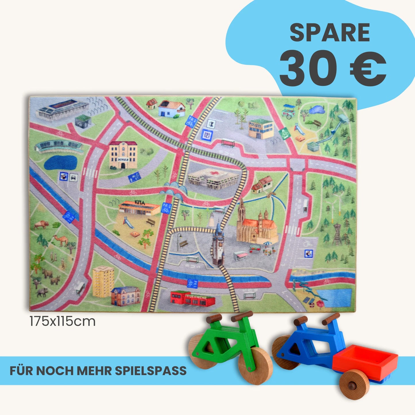 Spielteppich Freiburg 175x115cm im Starter-Set mit Stadtmotiven und Fahrzeugspielzeug