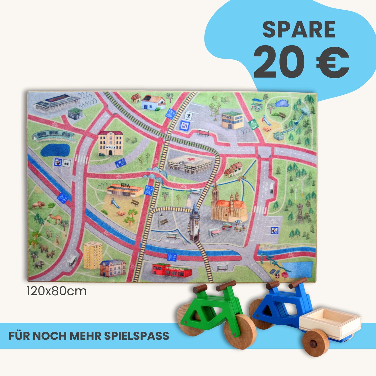 Spielteppich Freiburg 120x80cm im Starter-Set mit Straßen und Spielzeugfahrzeugen