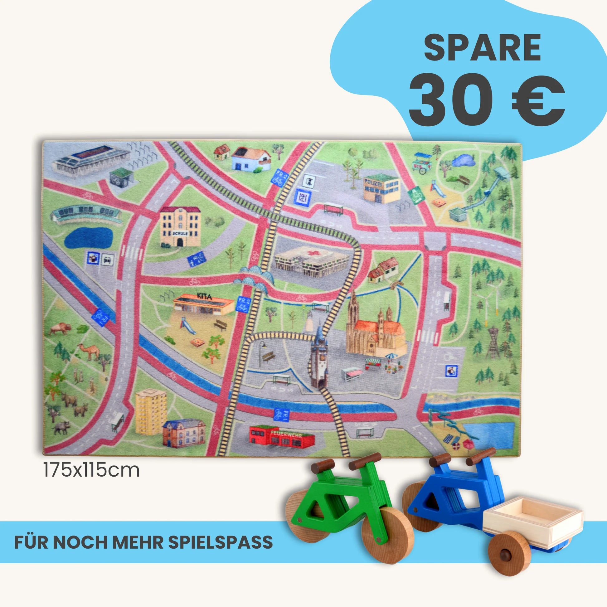 Spielteppich Freiburg 175x115cm im Starter-Set mit bunten Stadtmotiven und Spielzeugfahrzeugen