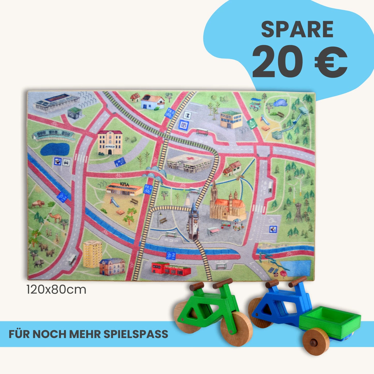 Spielteppich Freiburg 120x80cm im Starter-Set mit buntem Spielzeug für Kinder.