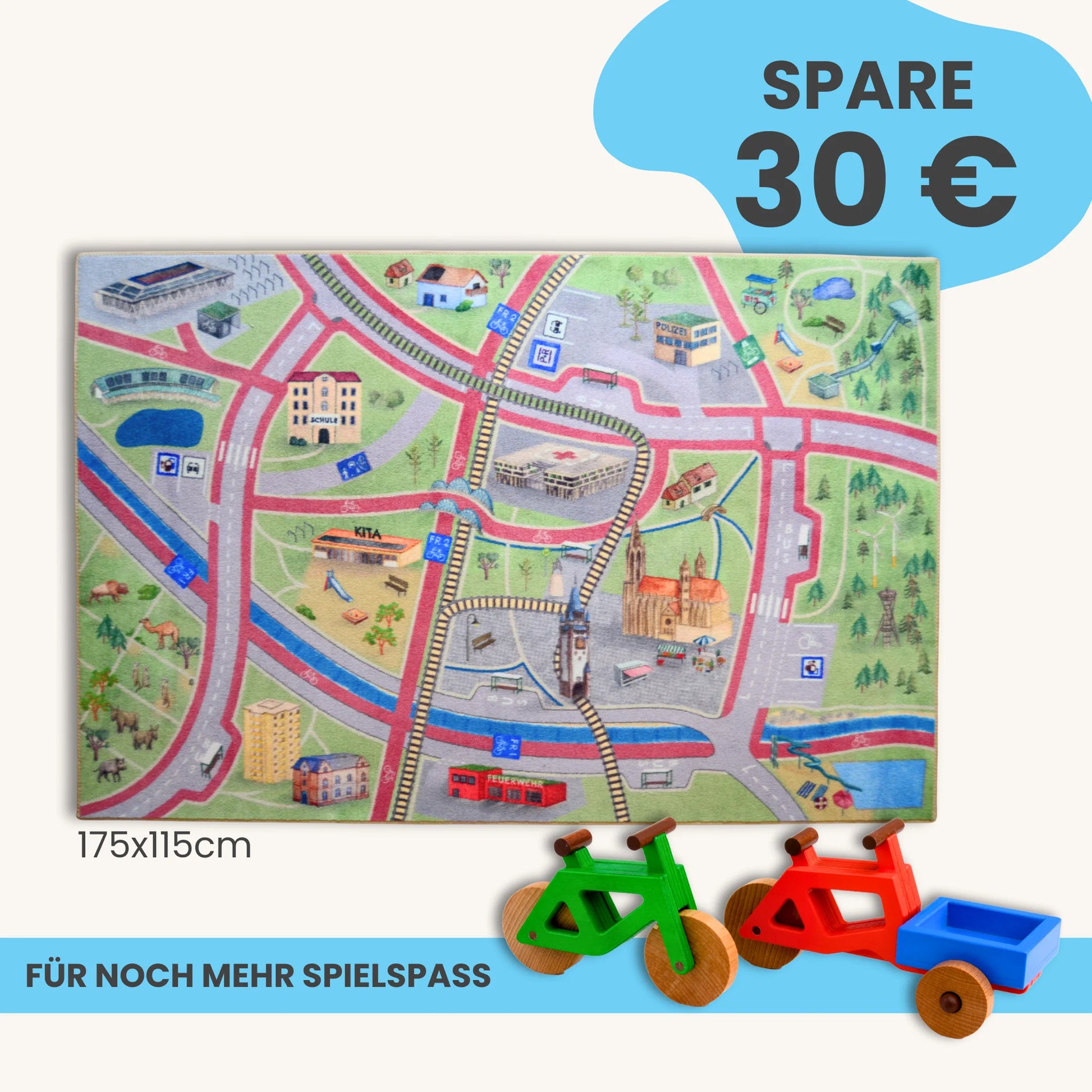 Spielteppich Freiburg 175x115cm mit bunten Stadtmotiven und Spielzeugfahrzeugen für Kinder.