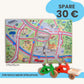 Spielteppich Freiburg 175x115cm mit buntem Straßen-Design und Spielzeugfahrrädern im Starter-Set.