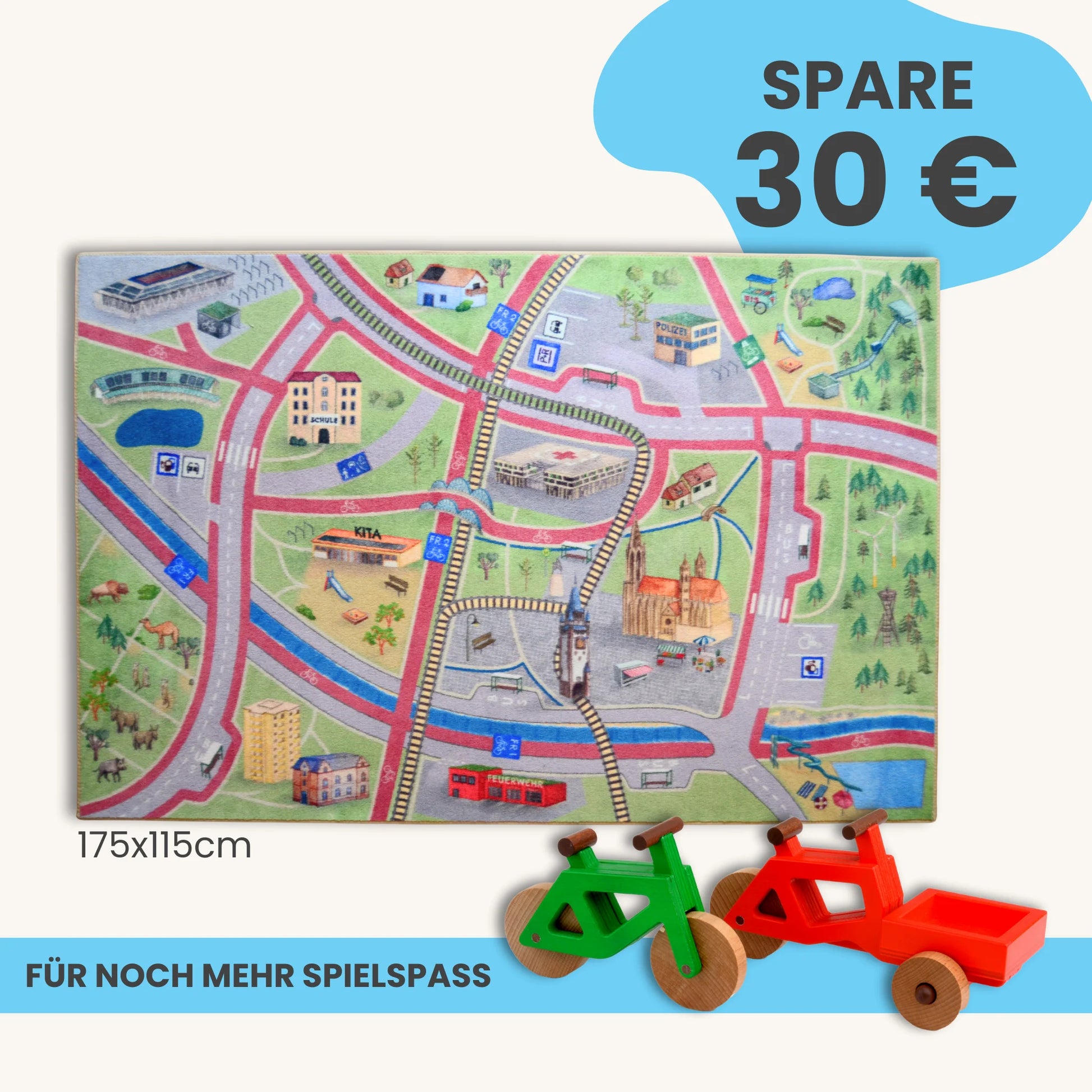 Spielteppich Freiburg 175x115cm im Starter-Set mit bunten Stadtmotiven und Spielzeugfahrzeugen