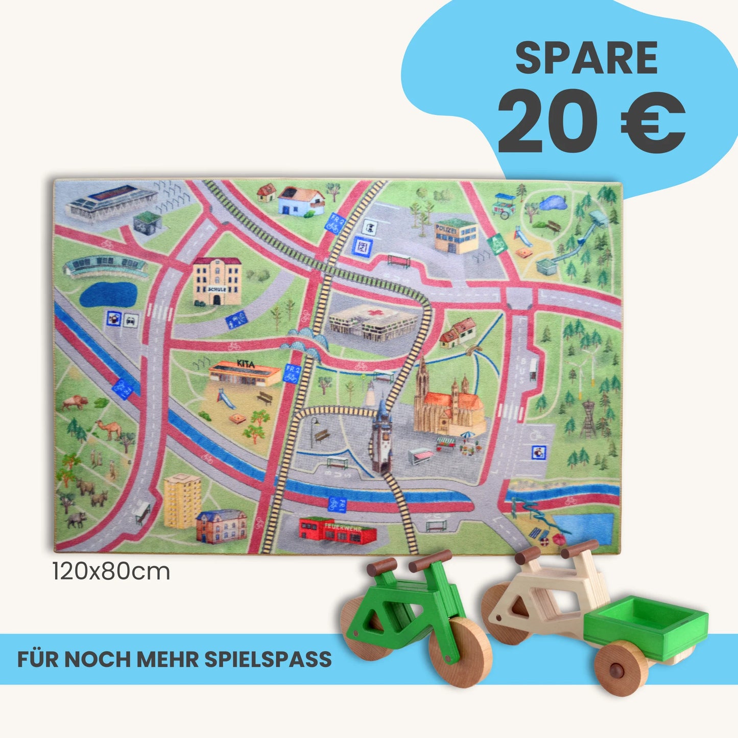 Spielteppich Freiburg 120x80cm im Starter-Set mit bunten Straßen und Spielzeugfahrrädern.