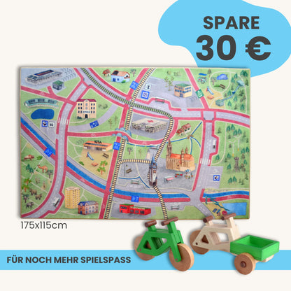 Spielteppich Freiburg 175x115cm im Starter-Set mit handgemalten Stadtmotiven für Kinder.