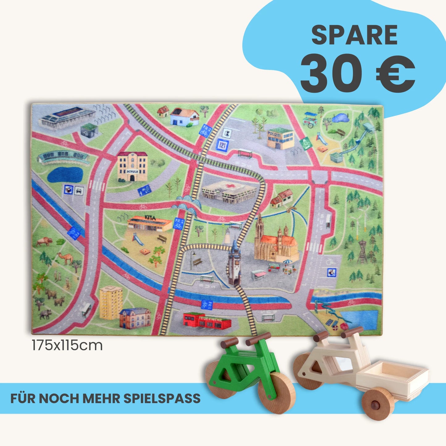 Spielteppich Freiburg 175x115cm mit buntem Stadtmotiv, ideal für kreatives Spielen und Lernen.