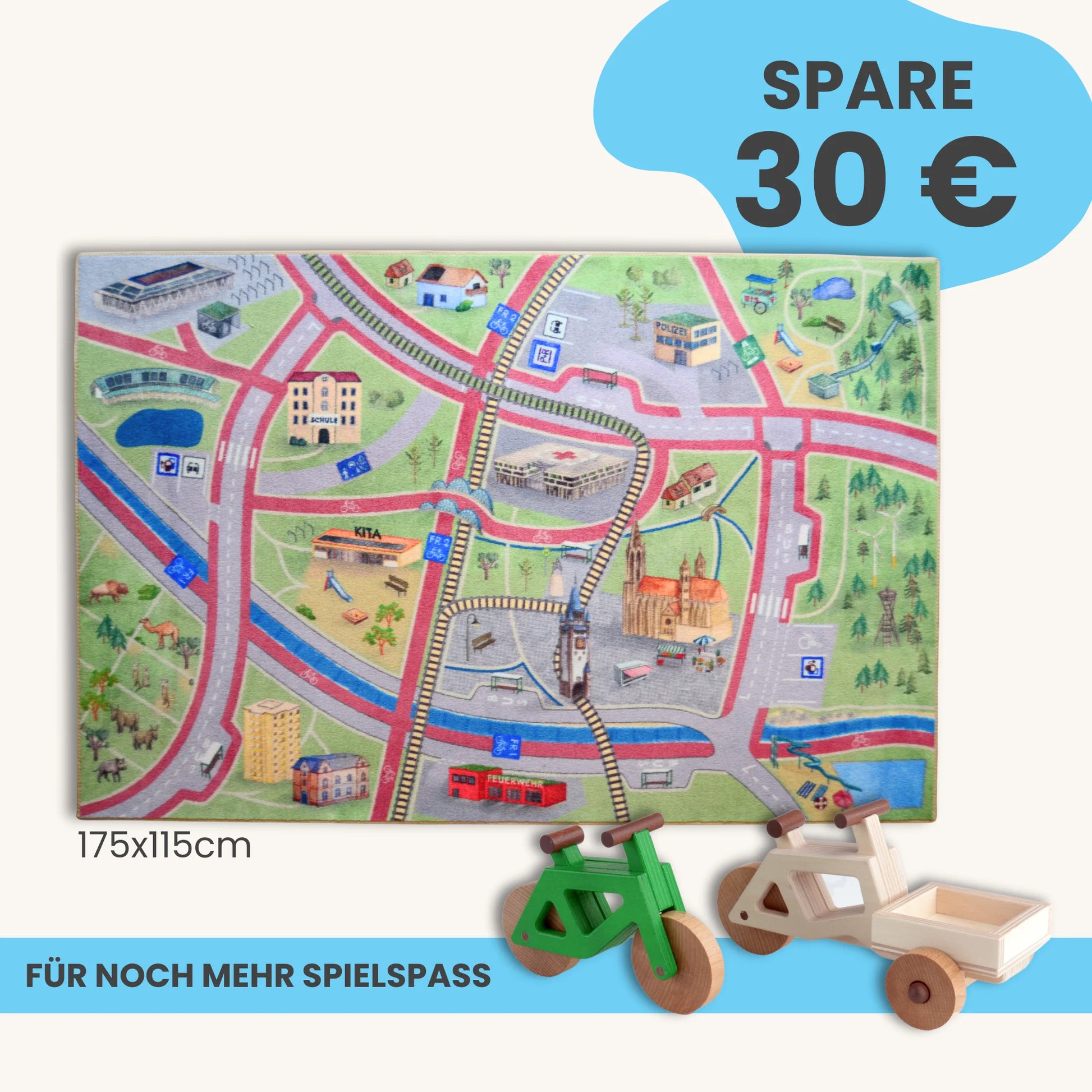 Spielteppich Freiburg 175x115cm mit buntem Stadtmotiv, ideal für kreatives Spielen und Lernen.
