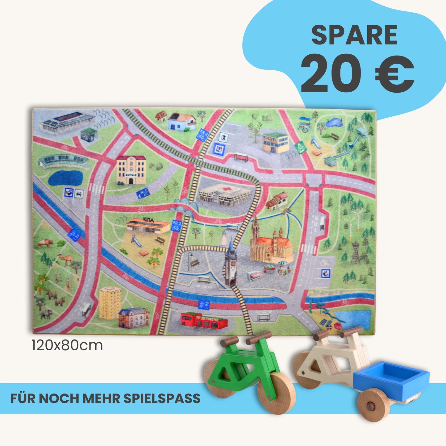 Spielteppich Freiburg 120x80cm im Starter-Set mit Spielzeugfahrzeugen, für mehr Spielspaß.