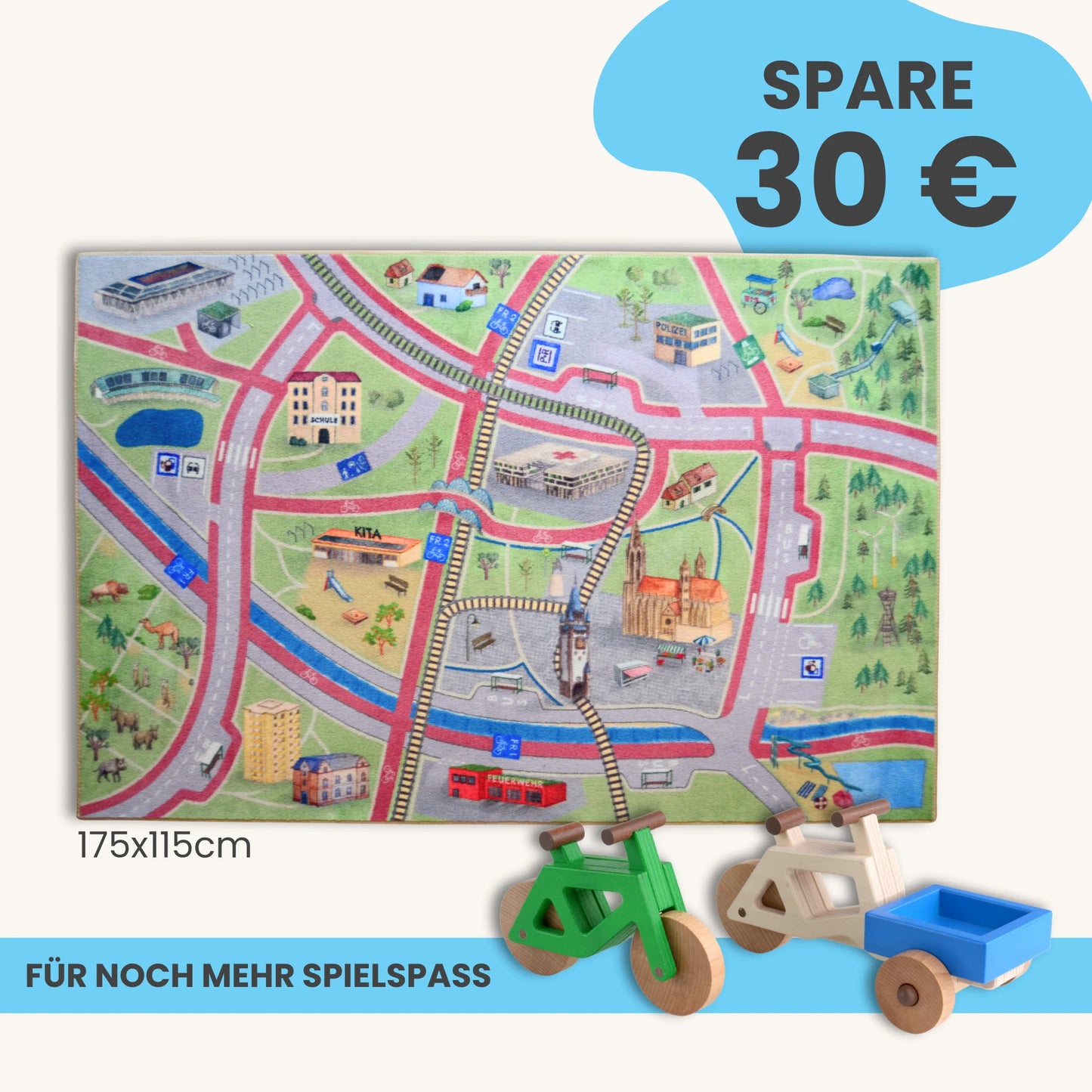 Spielteppich Freiburg 175x115cm im Starter-Set mit Stadtmotiven und Spielzeugfahrzeugen.
