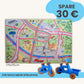 Spielteppich Freiburg 175x115cm im Starter-Set mit lustigen Stadtmotiven und Spielzeugfahrzeugen, ideal für Kinder.