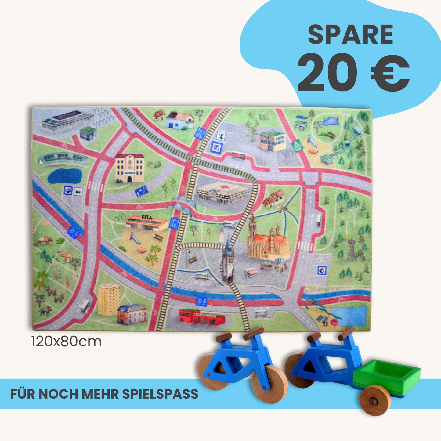 Spielteppich Freiburg 120x80cm im Starter-Set mit Straßenkarte und Spielzeugen.