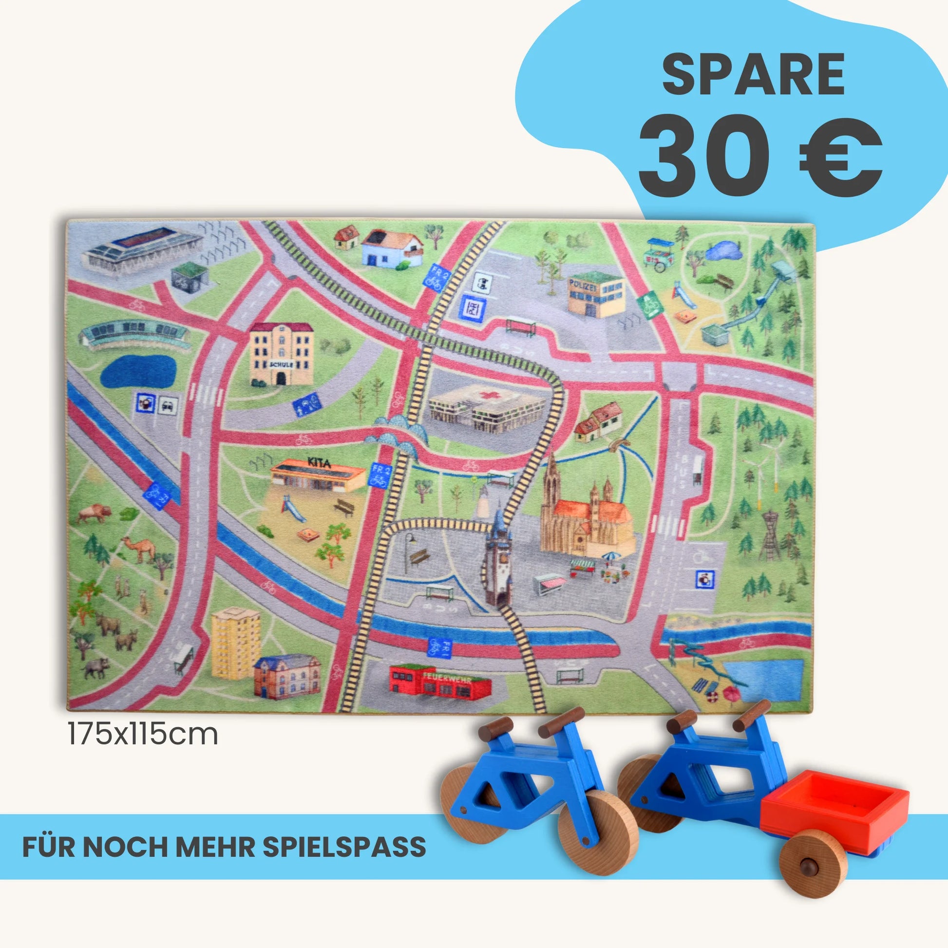 Spielteppich Freiburg 175x115cm im Starter-Set mit bunten Stadtmotiven und Spielzeug.