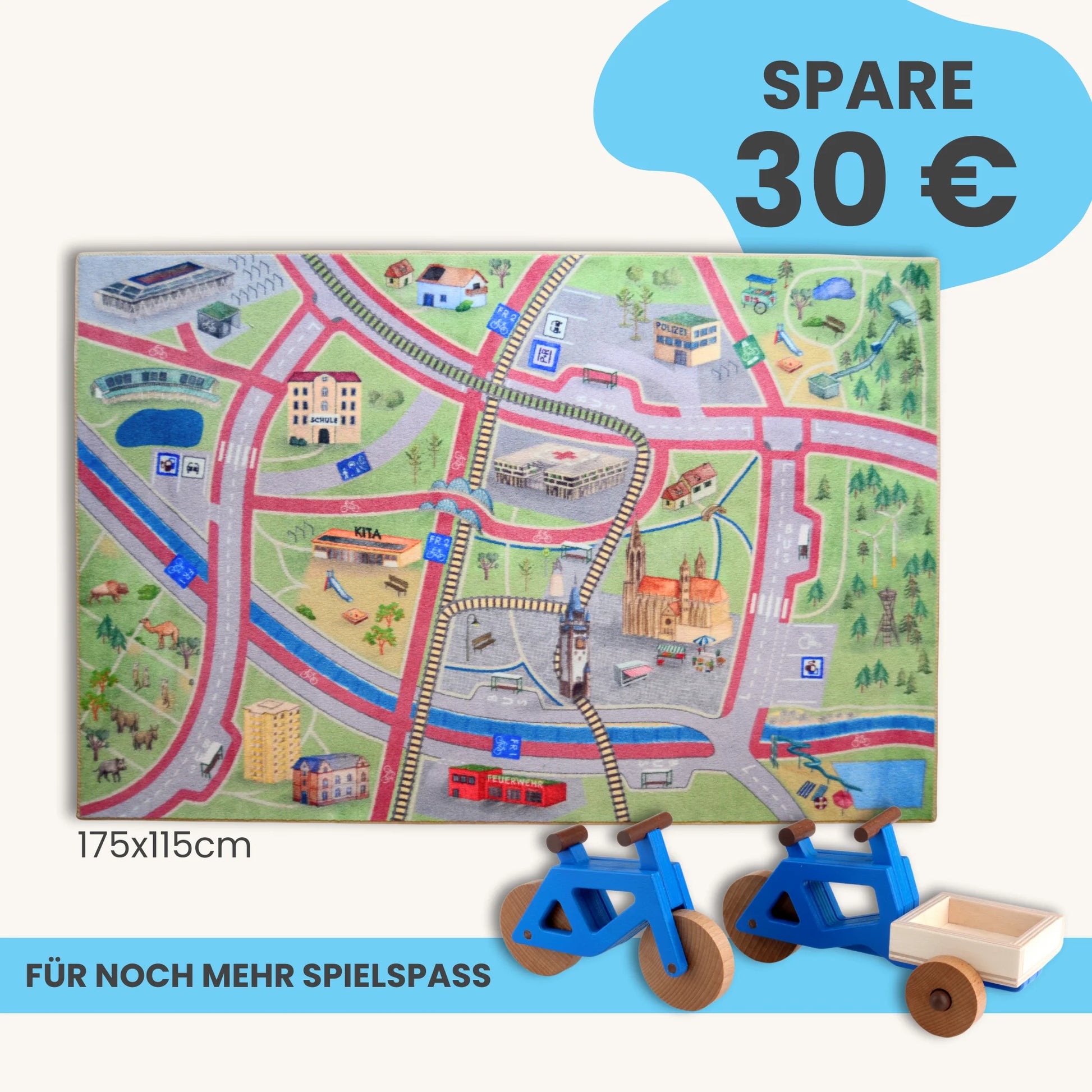 Spielteppich Freiburg 175x115cm mit Straßen und Stadtmotiven für kreatives Spielen im Kinderzimmer.