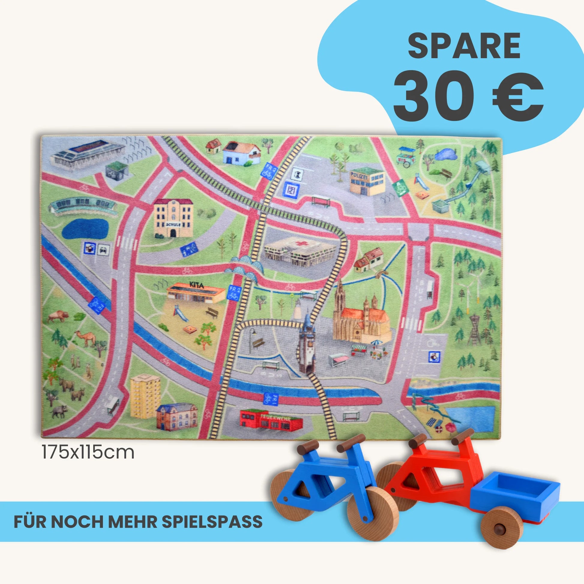 Spielteppich Freiburg 175x115cm im Starter-Set mit handgemalten Stadtmotiven.