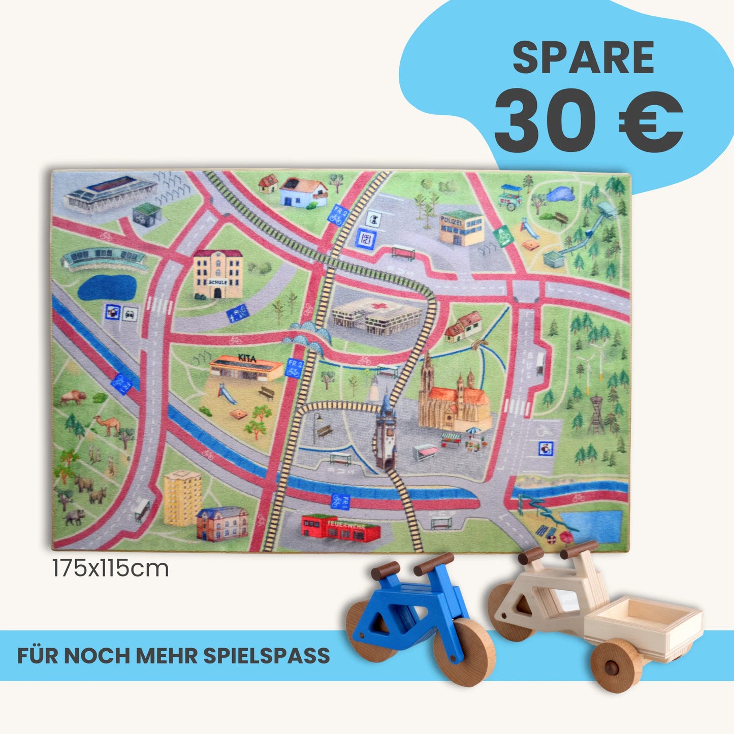 Spielteppich Freiburg 175x115cm Starter-Set mit bunten Stadtmotiven für Kinder, spielerisches Lernen und Entdecken.