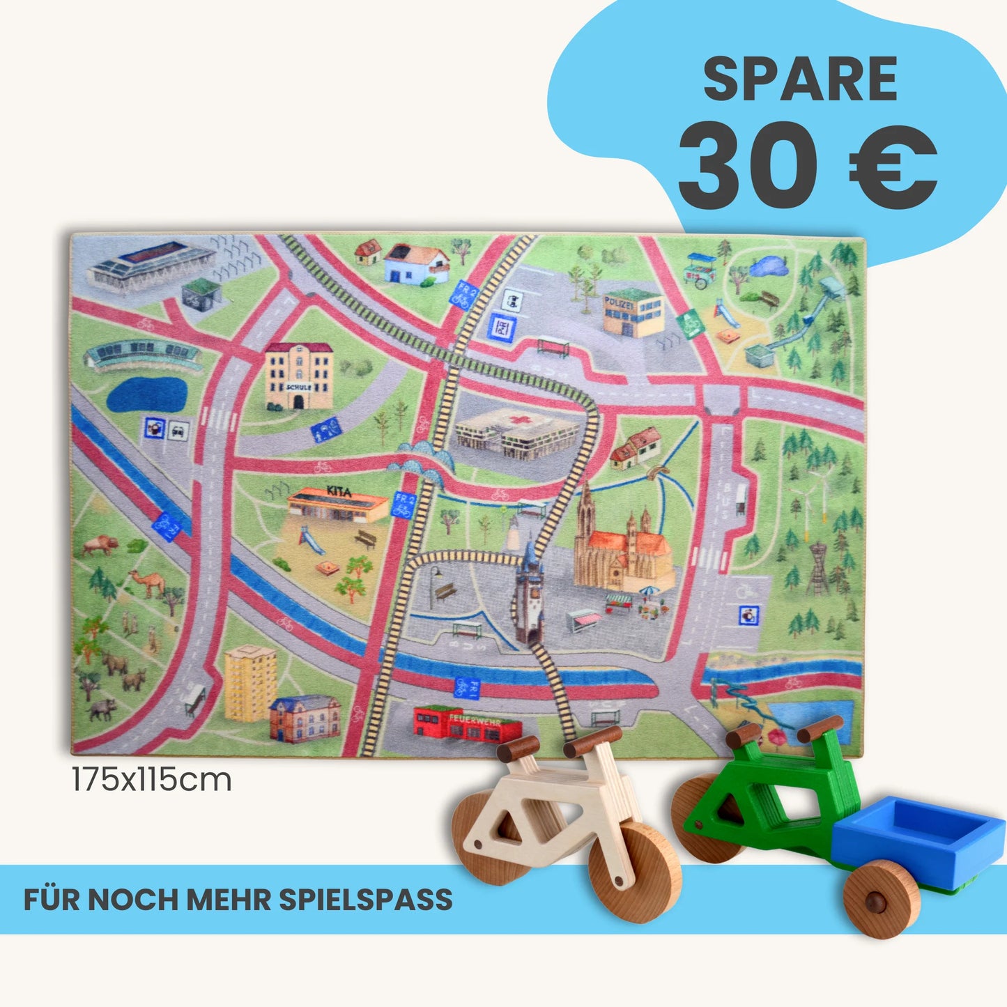 Spielteppich Freiburg 175x115cm im Starter-Set mit Stadtmotiven und Spielzeugfahrzeugen