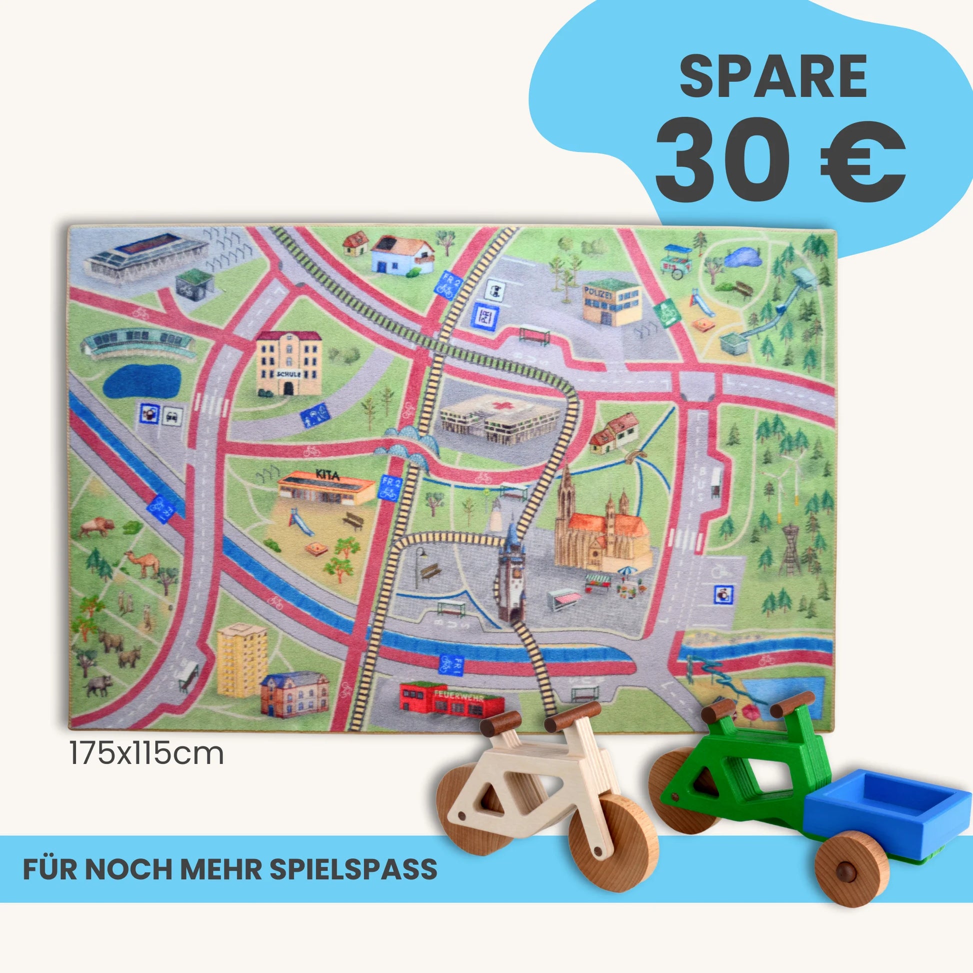 Spielteppich Freiburg 175x115cm im Starter-Set mit Stadtmotiven und Spielzeugfahrzeugen