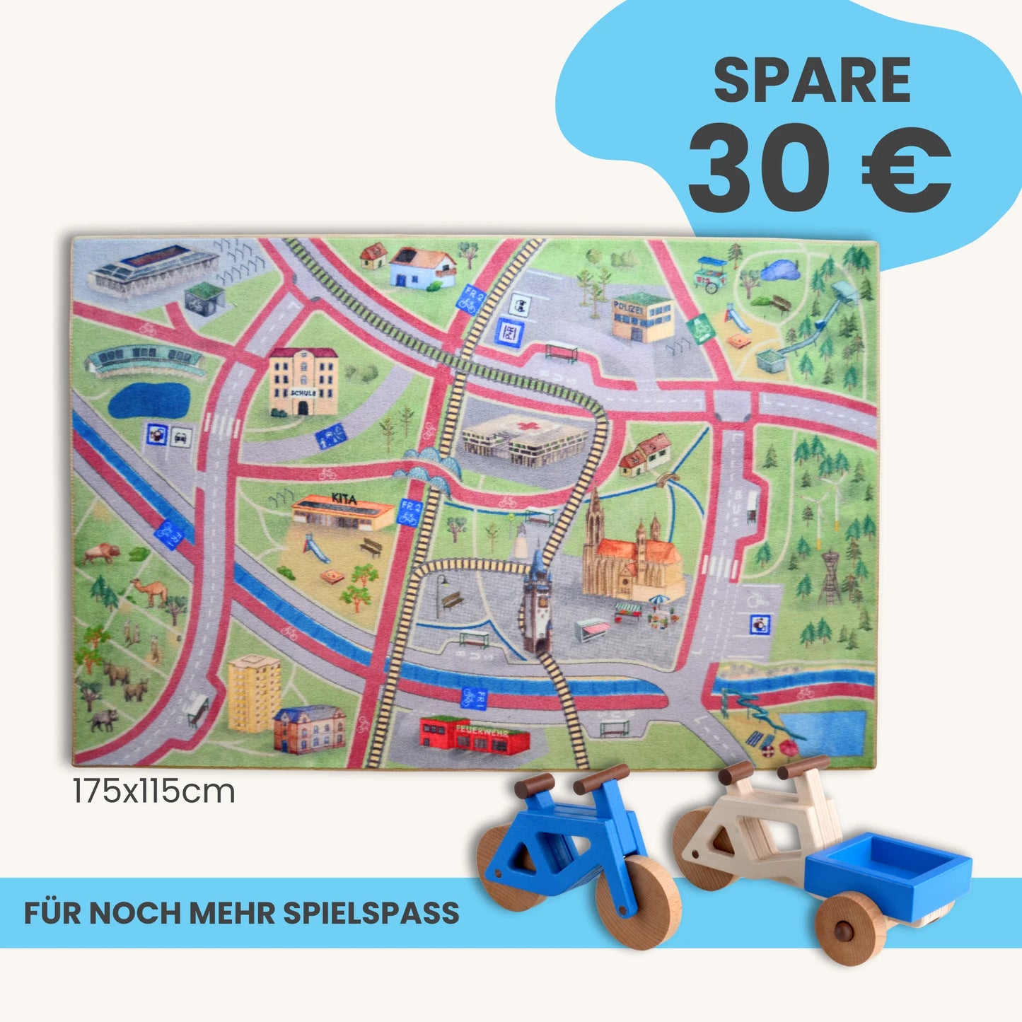 Spielteppich Freiburg 175x115cm im Starter-Set mit Straßen und Stadtmotiven für Kinder.