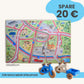 Spielteppich Freiburg 120x80cm Starter-Set mit buntem Straßenmuster und Spielzeugfahrzeugen.