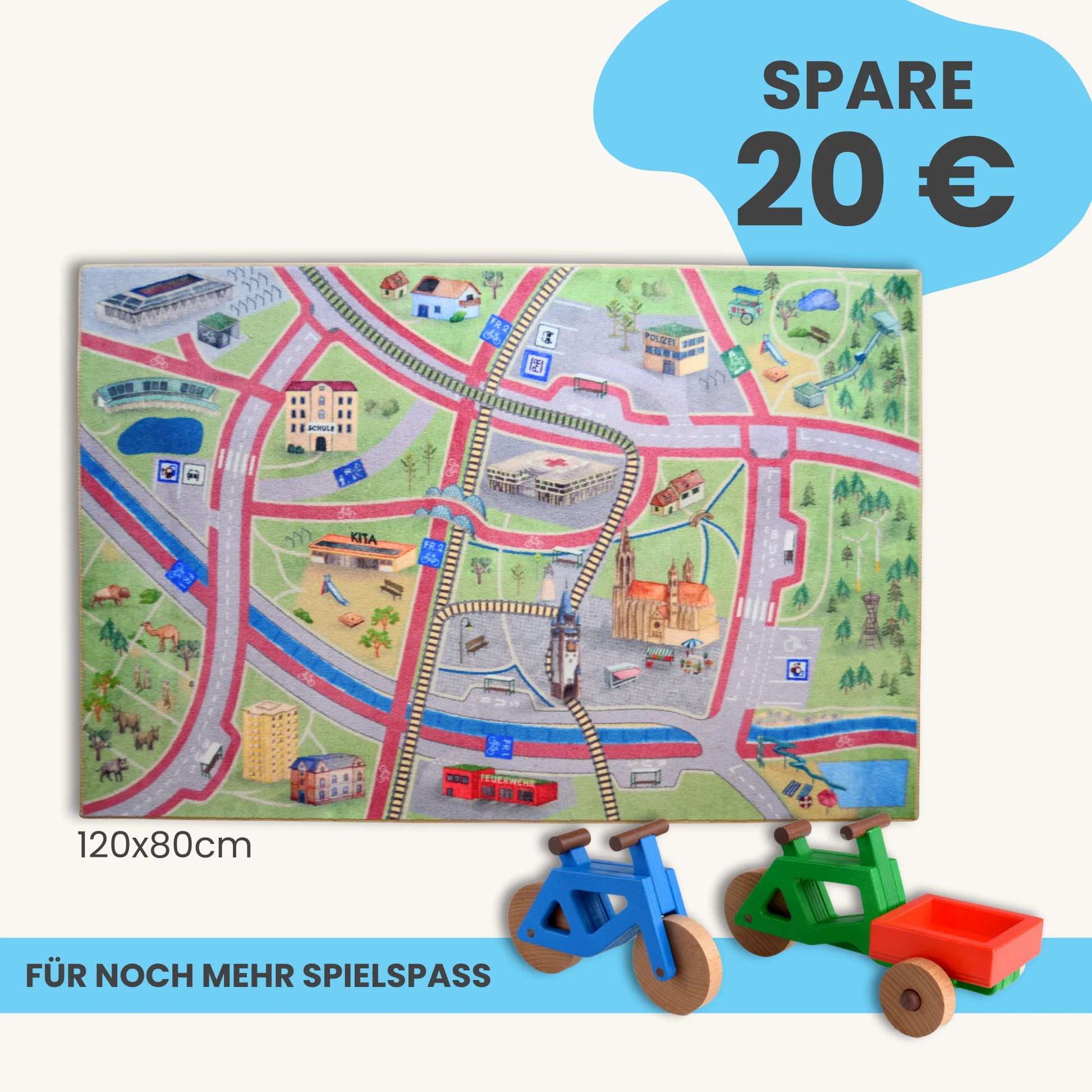 Spielteppich Freiburg 120x80cm im Starter-Set mit bunten Spielzeugen für Kinder.