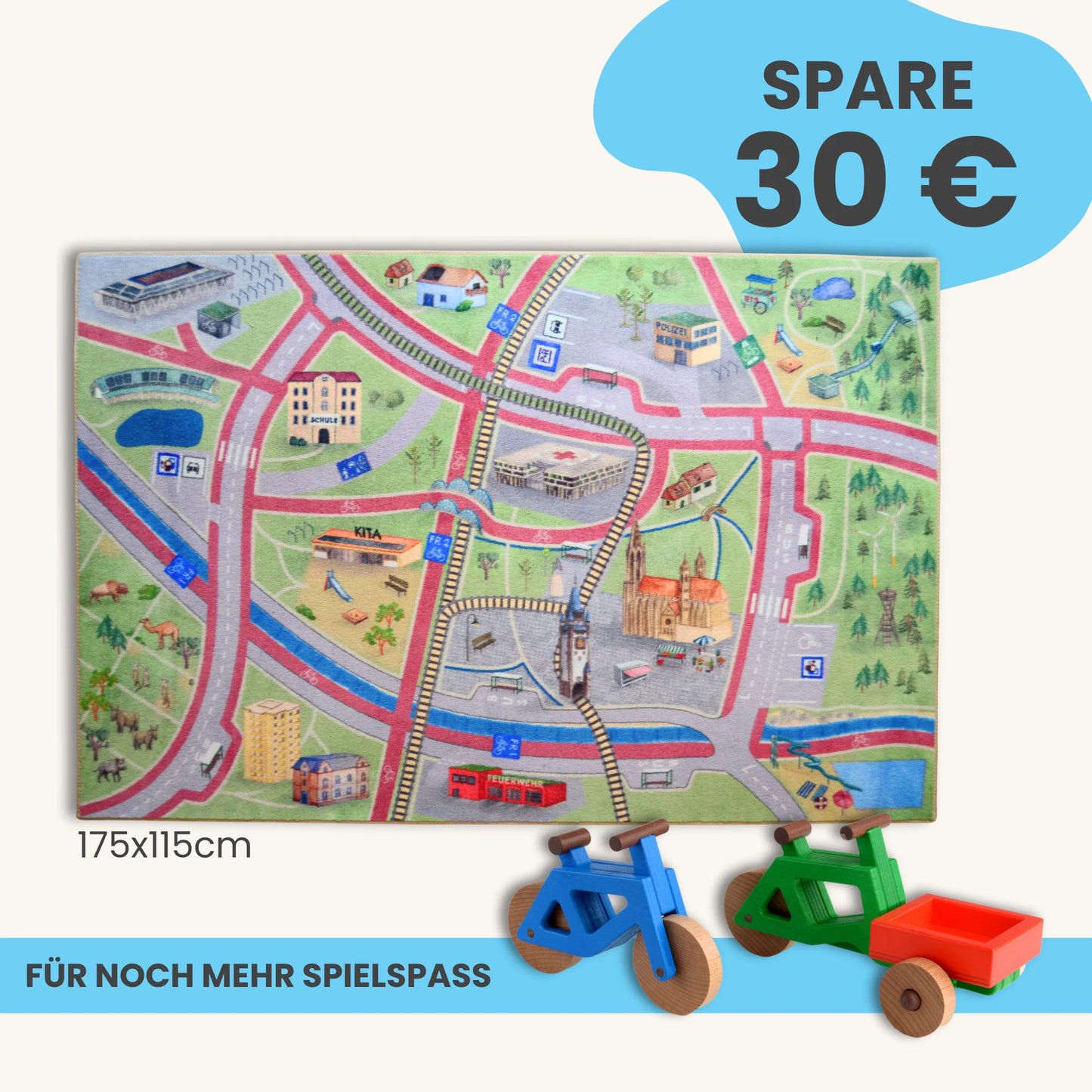 Spielteppich Freiburg 175x115cm im Starter-Set mit Stadtmotiven und Holzfahrrädern für Kinderzimmer