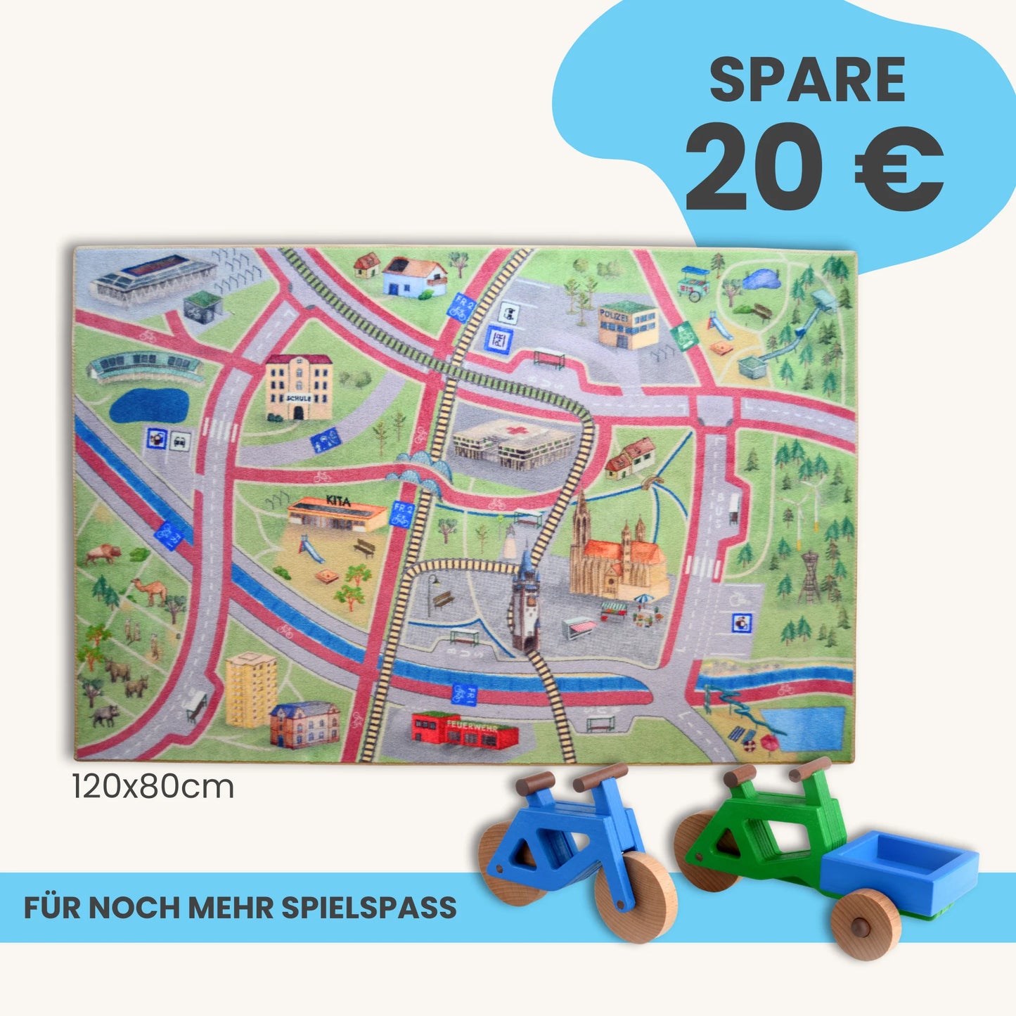Spielteppich Freiburg 120x80cm im Starter-Set mit buntem Stadtplan für kreatives Spielen.