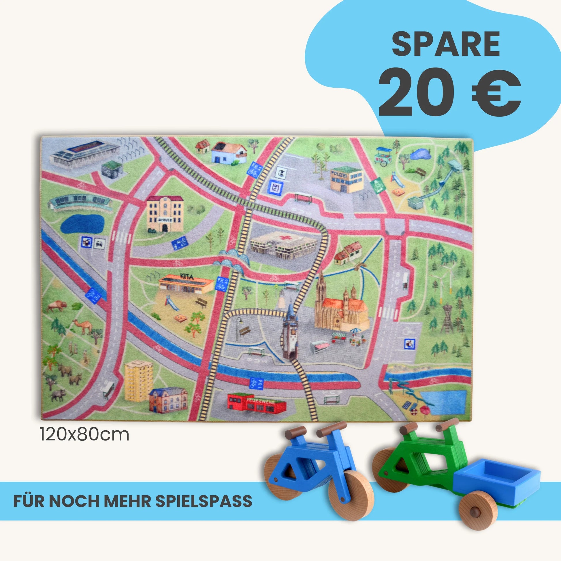 Spielteppich Freiburg 120x80cm im Starter-Set mit buntem Stadtplan für kreatives Spielen.