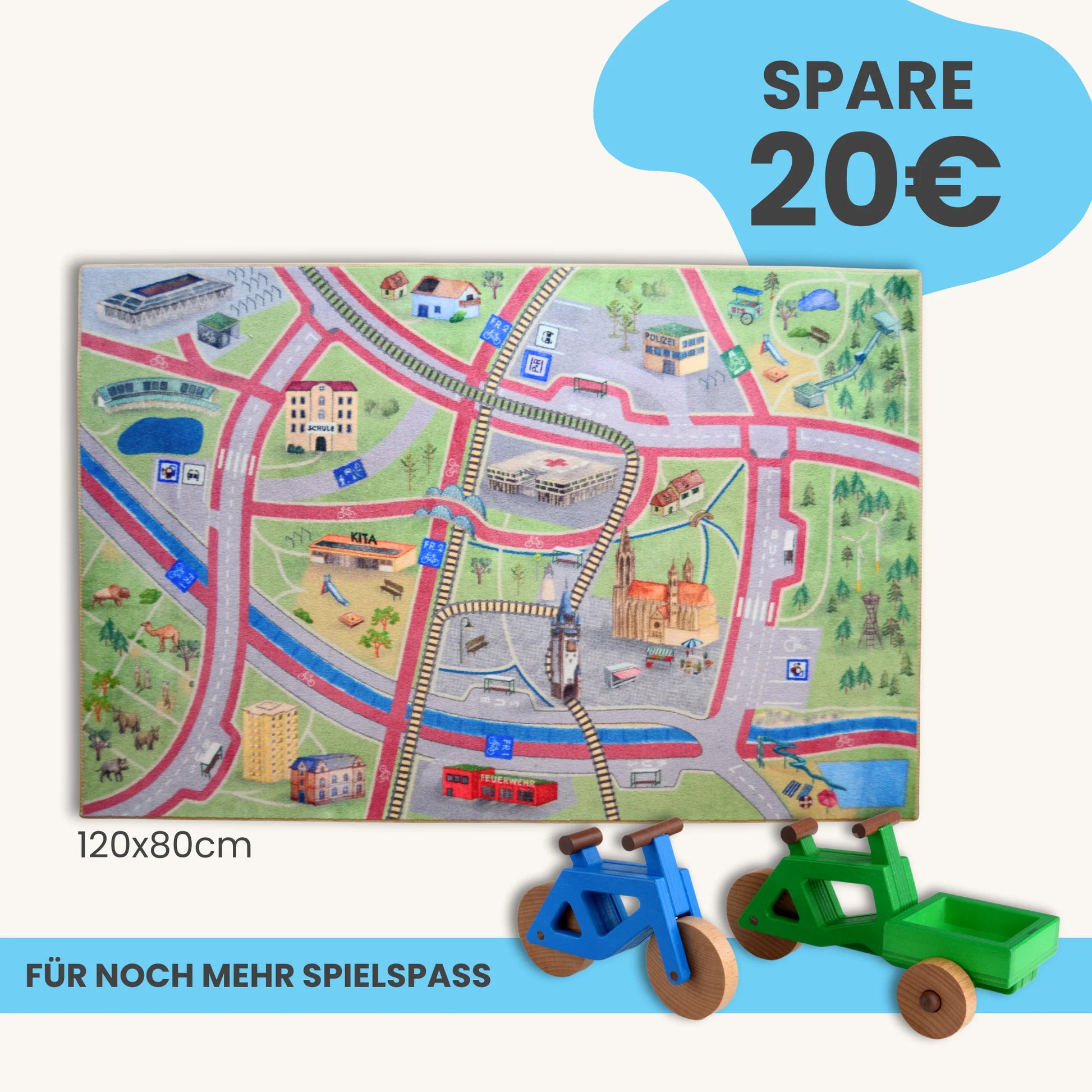 Spielteppich Freiburg 120x80cm im Starter-Set mit grünen und blauen Spielzeugen für Kinder