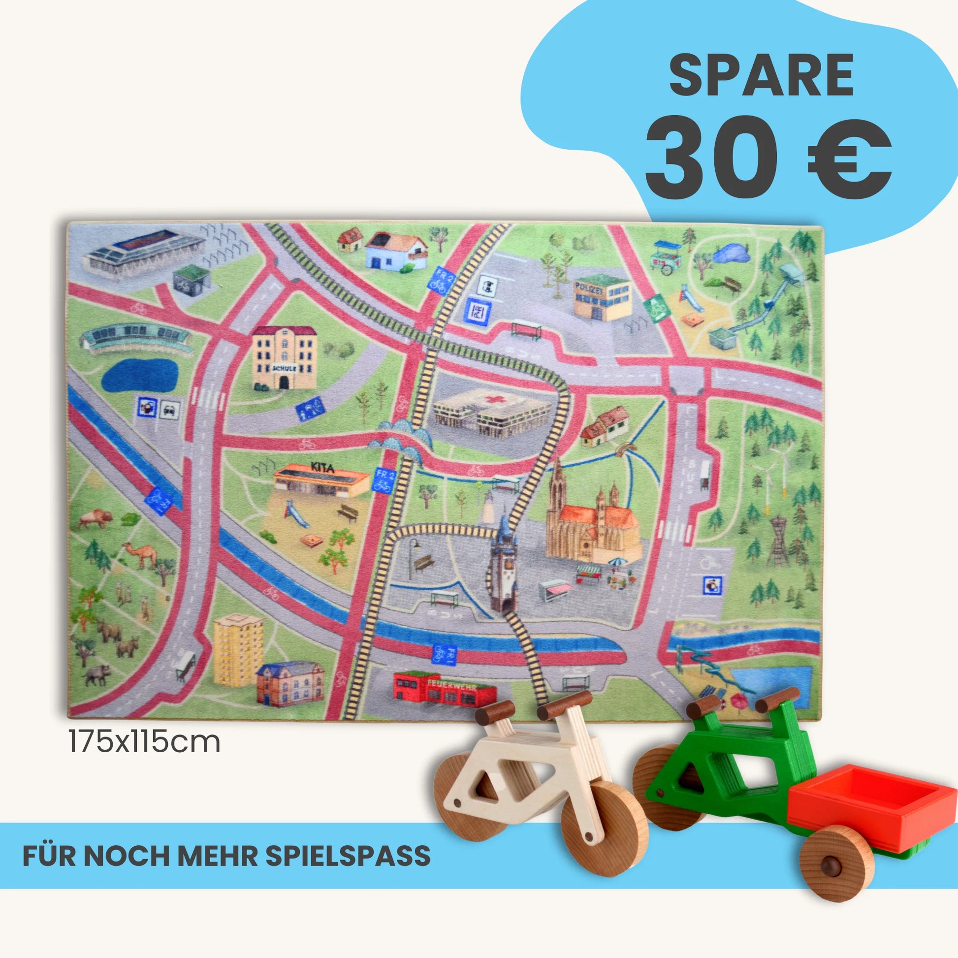 Spielteppich Freiburg 175x115cm im Starter-Set mit farbenfrohen Stadtmotiven und Spielzeugfahrzeugen