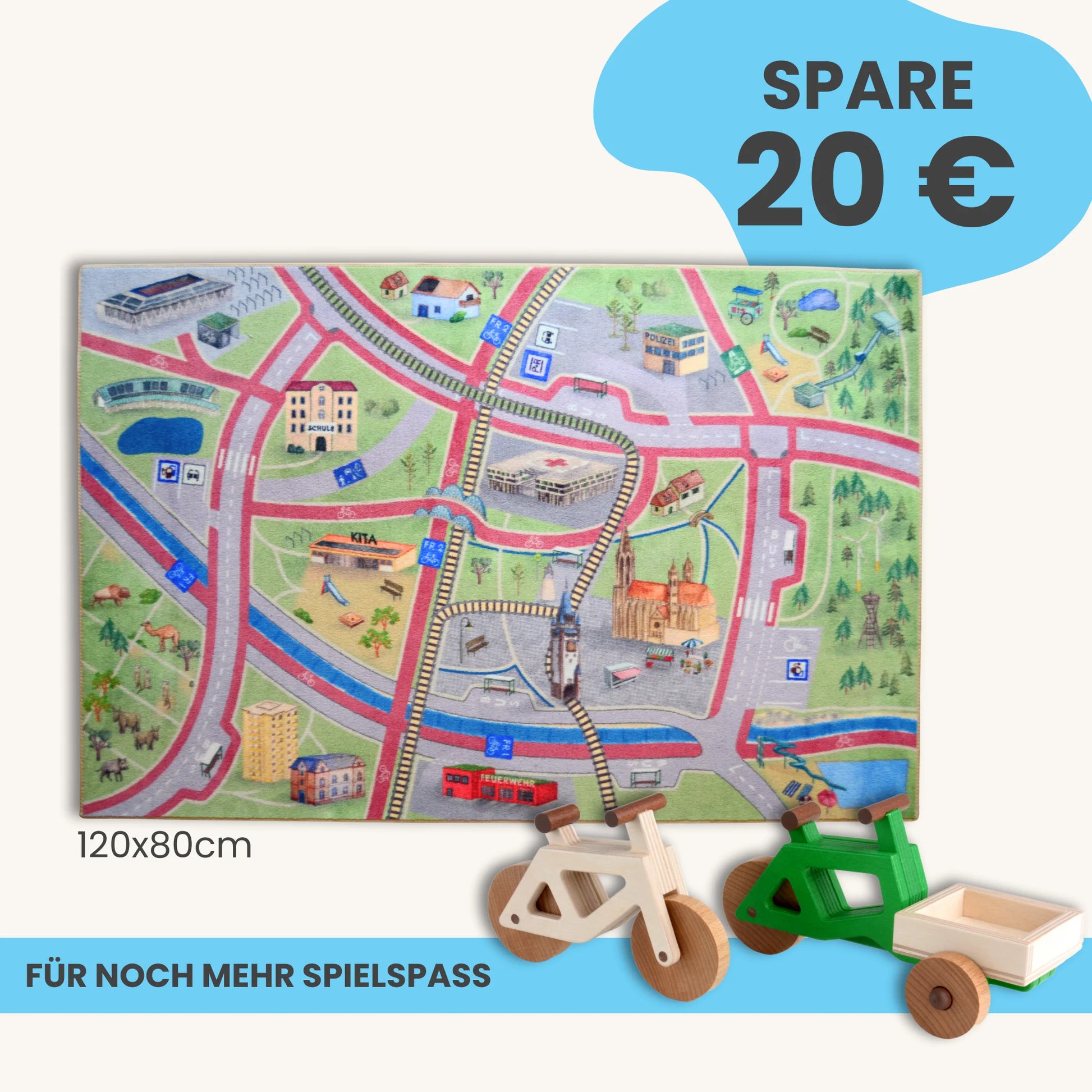 Spielteppich Freiburg 120x80cm im Starter-Set mit Spielzeugfahrzeugen und buntem Stadtplan.