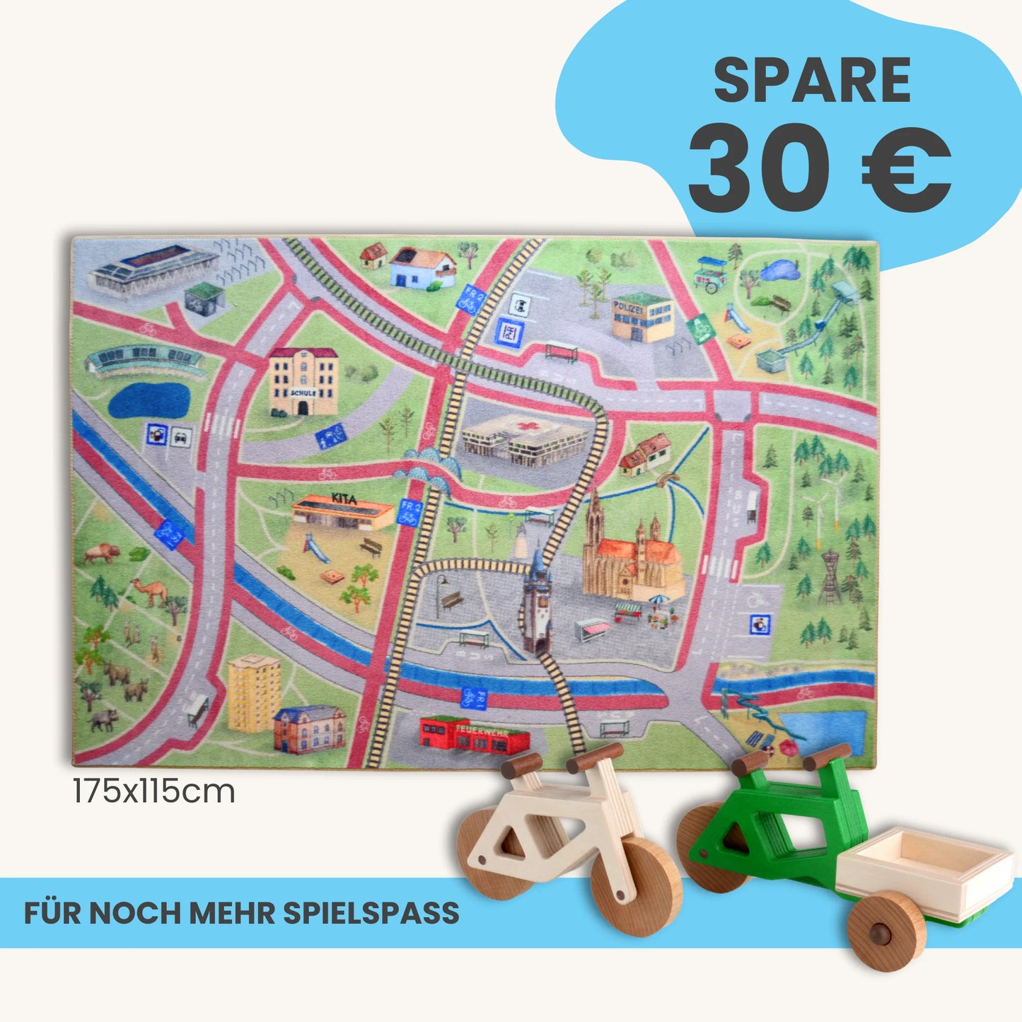 Spielteppich Freiburg 175x115cm im Starter-Set mit bunten Stadtmotiven für Kinder.