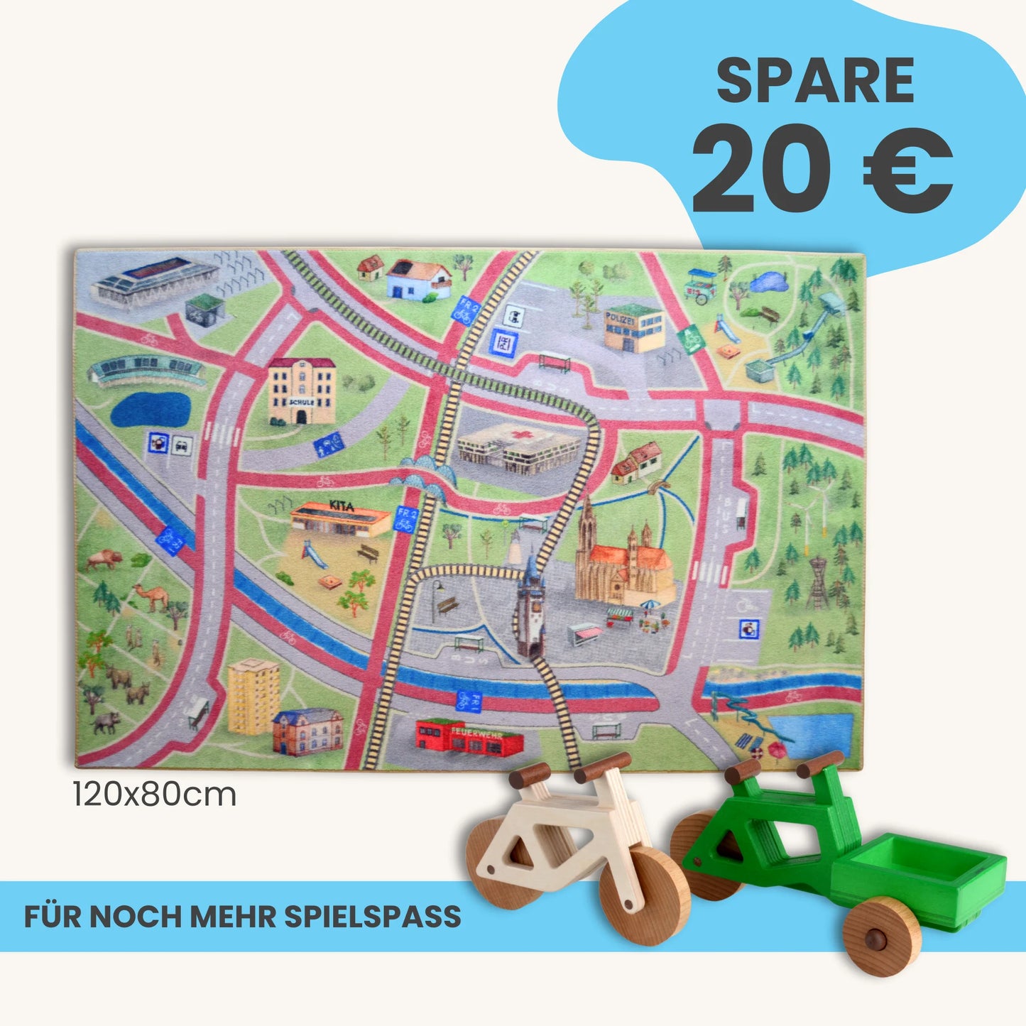 Spielteppich Freiburg 120x80cm mit Straßen- und Landschaftsmuster für kreativen Spielspaß im Starter-Set.